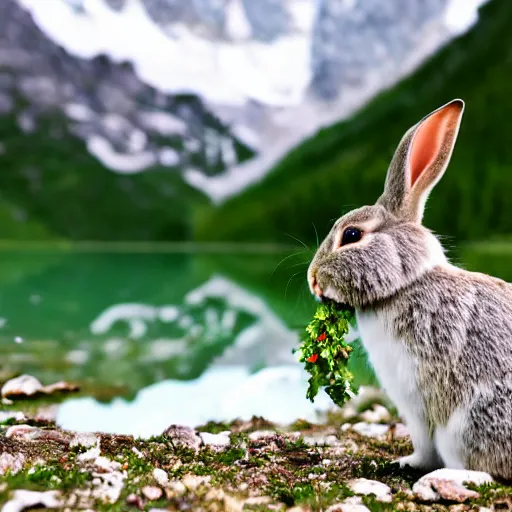 Image similar to a rabbit eating edelweiss on a mountain lake, close - up shot