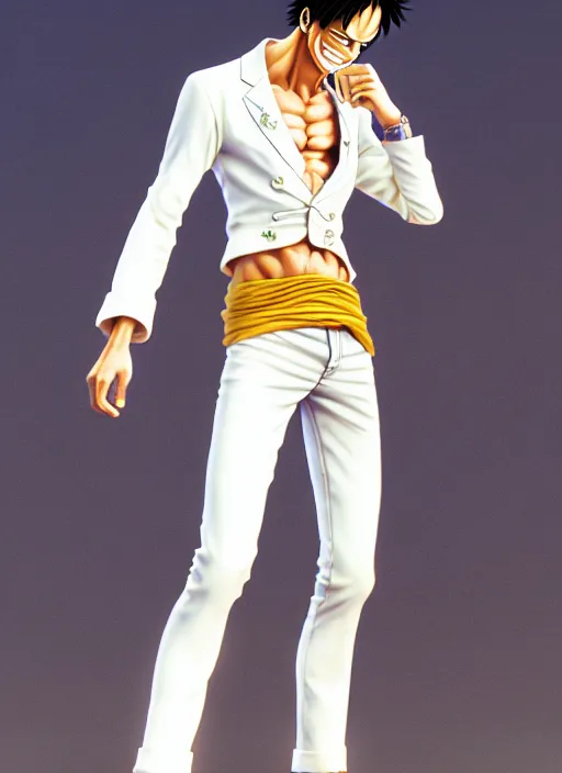 Image similar to Luffy wearing a white suit, au naturel, hyper detailed, digital art, trending in artstation, cinematic lighting, studio quality, smooth render, unreal engine 5 rendered, octane rendered, art style by klimt and nixeu and ian sprigger and wlop and krenz cushart