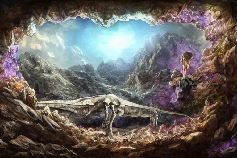 Prompt: dinosaur skeleton in a crystal geode ((in a crystal geode))(((in a crystal geode))), matte-painting