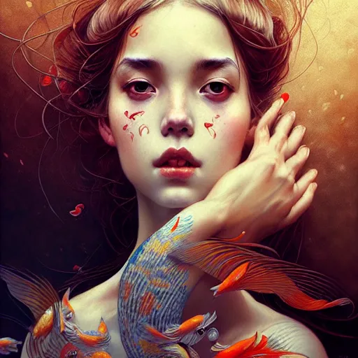 Image similar to Portrait of a girl surrounded by Koi fish, face, fantasy, intricate, elegant, highly detailed, digital painting, artstation, concept art, smooth, sharp focus, illustration, art by Heady Tale and Artem Demura and Norman Rockwell