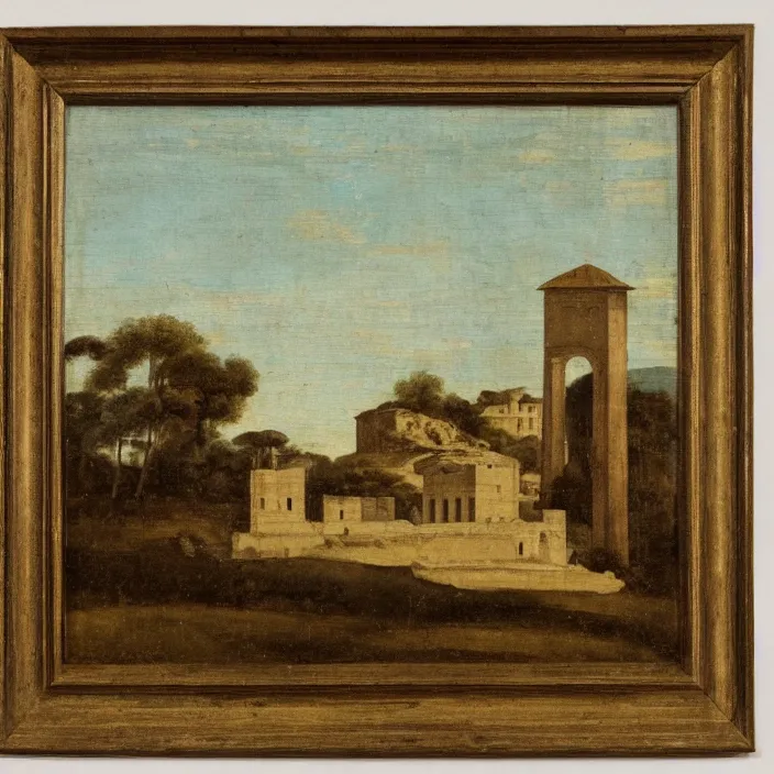 Prompt: a building in a serene landscape, ancient roman painting