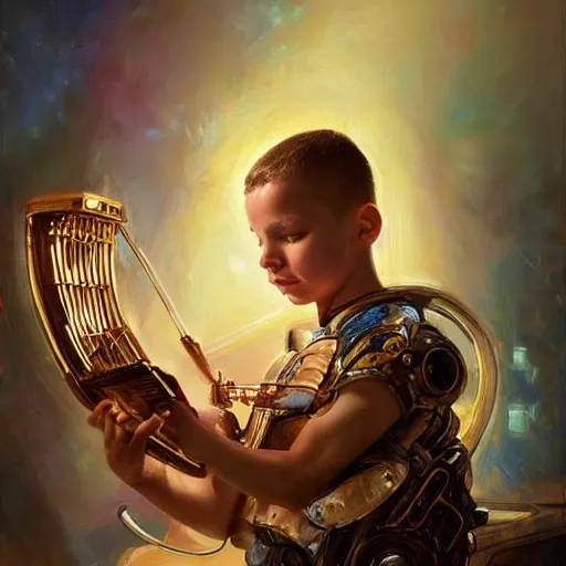 Image similar to stunning portrait of 3yo greek argonaut Orpheus playing the golden lyre, painting by Raymond Swanland, cyberpunk, sci-fi cybernetic implants hq
