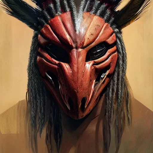 Prompt: painting portrait of a native american wearing a predator face mask from the predator movie, artstation, ultra detailed