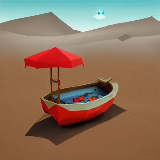 Prompt: boat in the dessert filled with coins, game concept, low poly