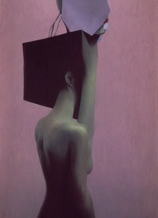 Image similar to woman in paper bag over the head flooded oxygen tank Edward Hopper and James Gilleard, Zdzislaw Beksinski, highly detailed