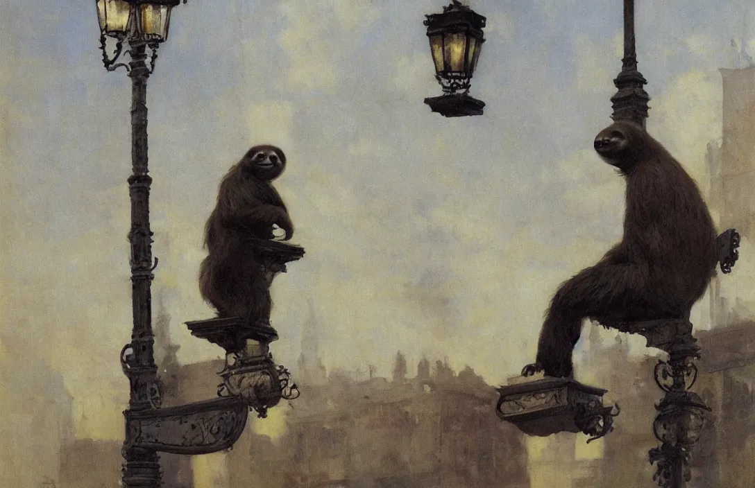 Prompt: a sloth sitting on a lamp post, detailed painting, epic lighting, by ilya repin, phil hale and kent williams