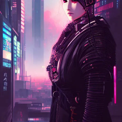 Image similar to portrait of a fierce dangerous cyberpunk hacker android samurai in neotokyo at night, futuristic cyberpunk tokyo night, sci - fi and fantasy, intricate and very beautiful, highly detailed, digital painting, artstation, concept art, smooth and sharp focus, illustration, art by tian zi and wlop and alphonse mucha