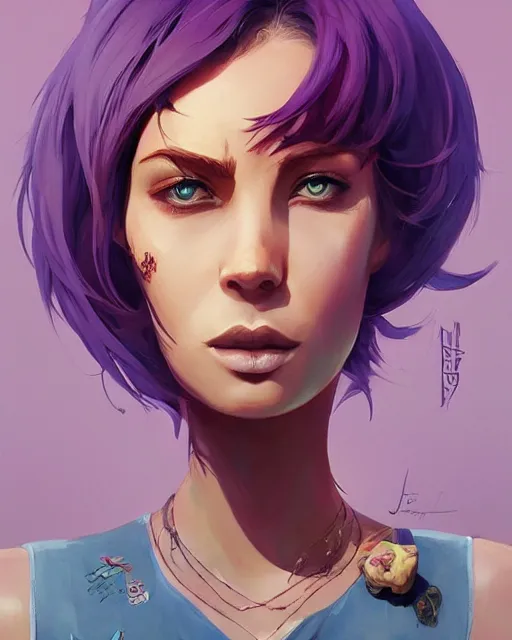 Prompt: beautiful camel purple hair tattoos symmetrical face eyes full body fantasy art icon, 3 d art gta 5 cover, official fanart behance hd artstation by jesper ejsing, by rhads, makoto shinkai and lois van baarle, ilya kuvshinov, rossdraws