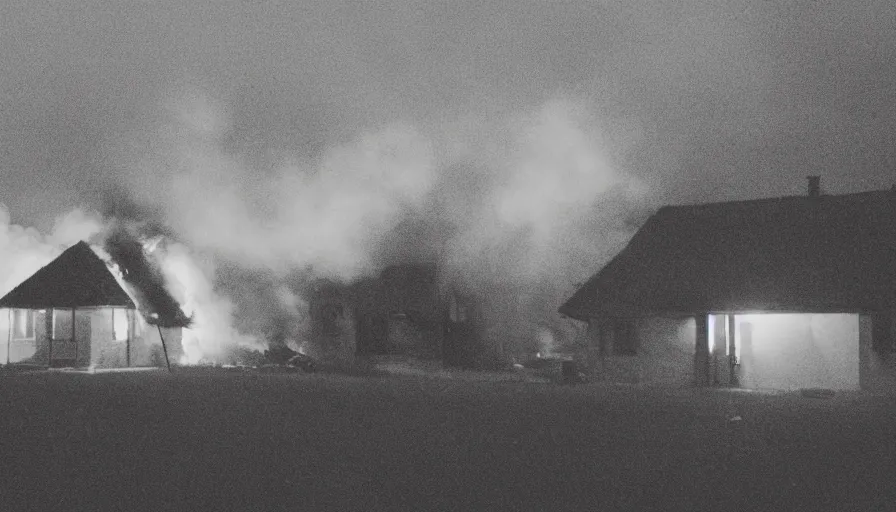 Image similar to 1 9 7 0 s movie still of a heavy burning french style little house by night in autumn, in a small northern french village, sony mini dv camera, heavy grain, high quality, high detail, dramatic light, anamorphic, flares