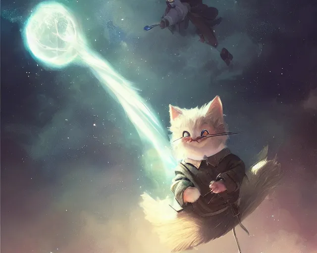 Image similar to one cartoonish kitty dressed as Gandalf floating alone in space, bright stars, anime, a fantasy digital painting by Greg Rutkowski and James Gurney, trending on Artstation, highly detailed