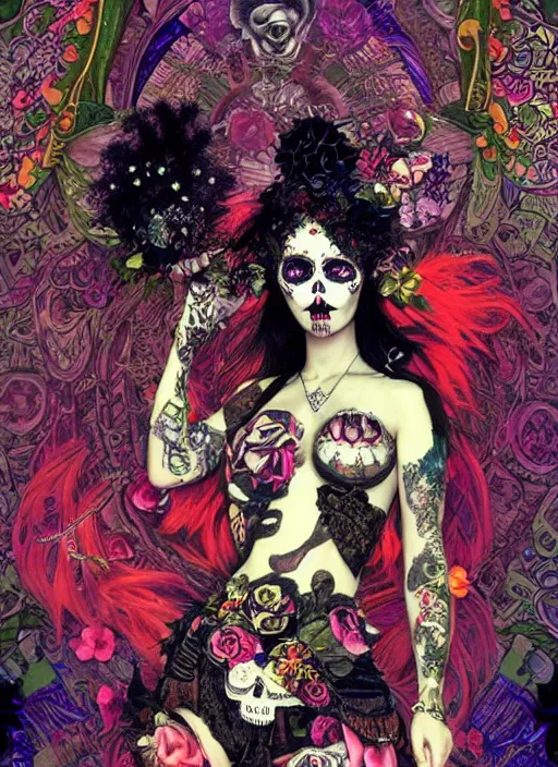 Prompt: cute punk goth fashion fractal Día de los Muertos tattooed girl posing in goth outfit by David Lachapelle, psychedelic poster art of by Victor Moscoso Rick Griffin Alphonse Mucha Gustav Klimt Ayami Kojima Amano Charlie Bowater, masterpiece