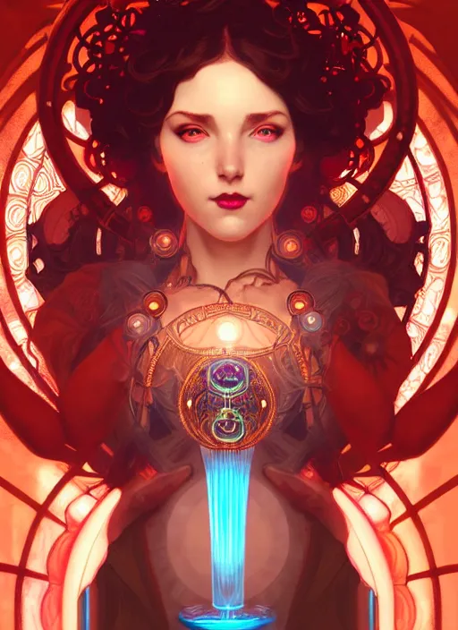 Prompt: the goddess ariadne smirking, steampunk, glowing eyes, volumetric lights, red and cyan theme, art nouveau botanicals, intricate, highly detailed, digital painting, artstation, concept art, smooth, sharp focus, cinematic, illustration, beautiful face, art by artgerm and greg rutkowski and alphonse mucha
