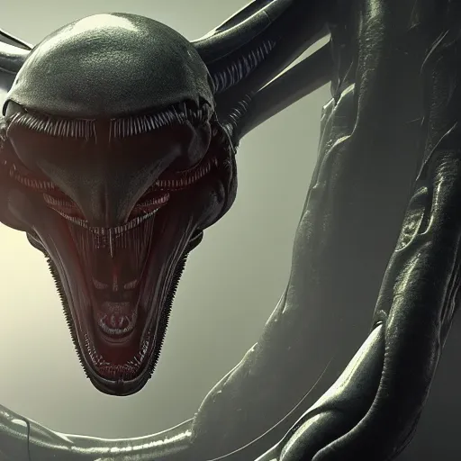 Image similar to centered photorealistic antropomorphic xenomorph inspired by Giger, sinister background, octane render, unreal engine 4k, volumetric light, fog, wide shot, detailed