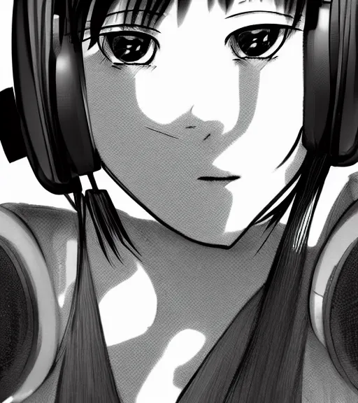 Prompt: anime girl wearing headphone listening to amplifier trending on pixiv skeb artstation photo portrait frank Miller gantz style