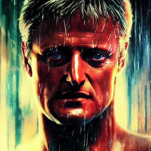 Image similar to cinematic portrait of rutger hauer in blade runner, perfect face, neon rain, moody, elegant, by alyssa monks, highly detailed, symmetrical face, fine details, masterpiece, trending on artstation