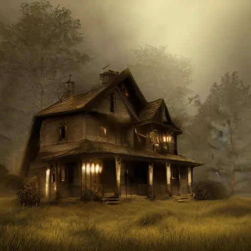Image similar to village horror house in forest darkness dark unreal render fog highly detailed