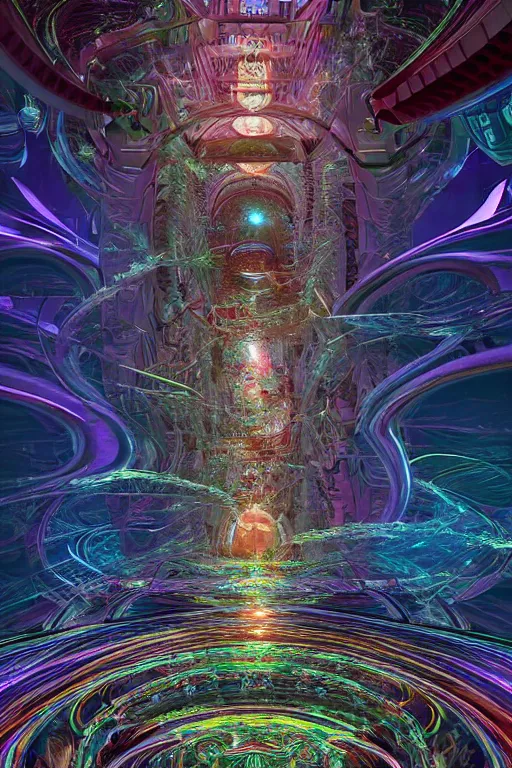 Image similar to the machine universe encounters a living cosmos inside an asymmetric orthogonal non - euclidean upside down inside out world with an infinite cosmic spiral waterfall of living information, inspired by android jones and blake foster, hyperrealistic, extreme detail, psychedelic visionary digital art, concept art, rendered in cinema 4 d, cryengine 8 k