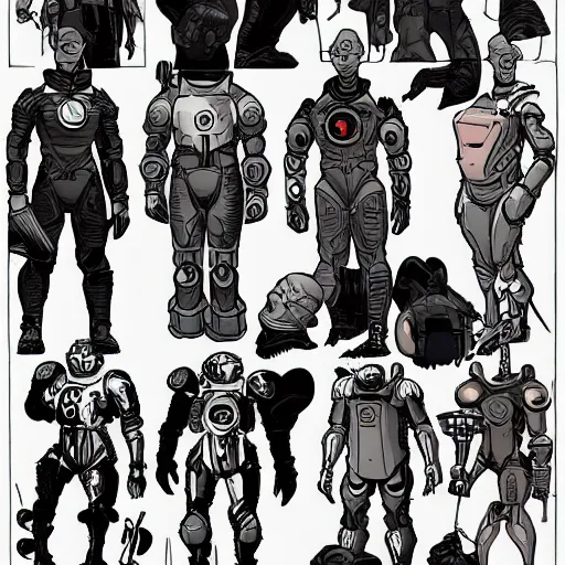 Image similar to character concept art, stylized proportions, human space suit, sci - fi!!!!, in the style of mike mignola, trending on artstation