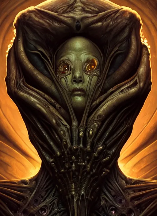 Image similar to symmetry!! portrait of grotesque alien, sci - fi horror, intricate, body horror, dark design, highly detailed, dark dynamic lighting, digital art, digital painting, artstation, smooth, sharp focus, illustration, art by artgerm and h r giger and greg rutkowski and alphonse mucha, 8 k