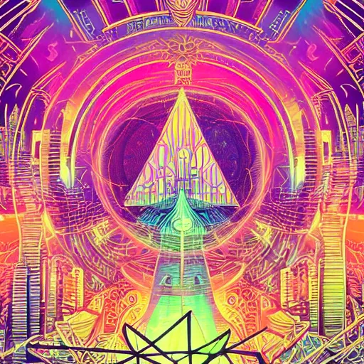 Image similar to mystical psychedelic poster with shaded lighting in the style of andriod jones and arjun brooklyn, radiant light, detailed and complex environment, beautiful, peaceful, utopic astral city in the sky with many buildings and temples reflecting a modern city on the ground with old growth pine trees, overlaid sacred geometry, with implied lines, gradient of hot pink and neon baby blue