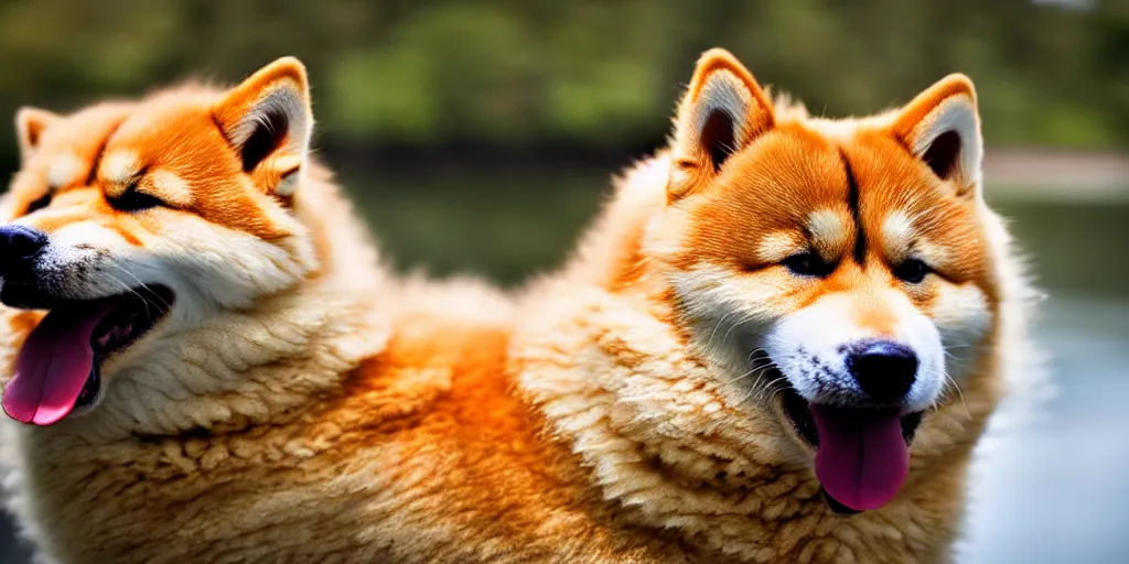 Image similar to Close up portrait of a big fluffy cat mixed with a shiba inu, award winning photograph, 50 mm lens and f/12.0, fast shutter speed of water floating in the air