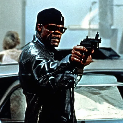 Prompt: Samuel L. Jackson plays Terminator, scene from the film