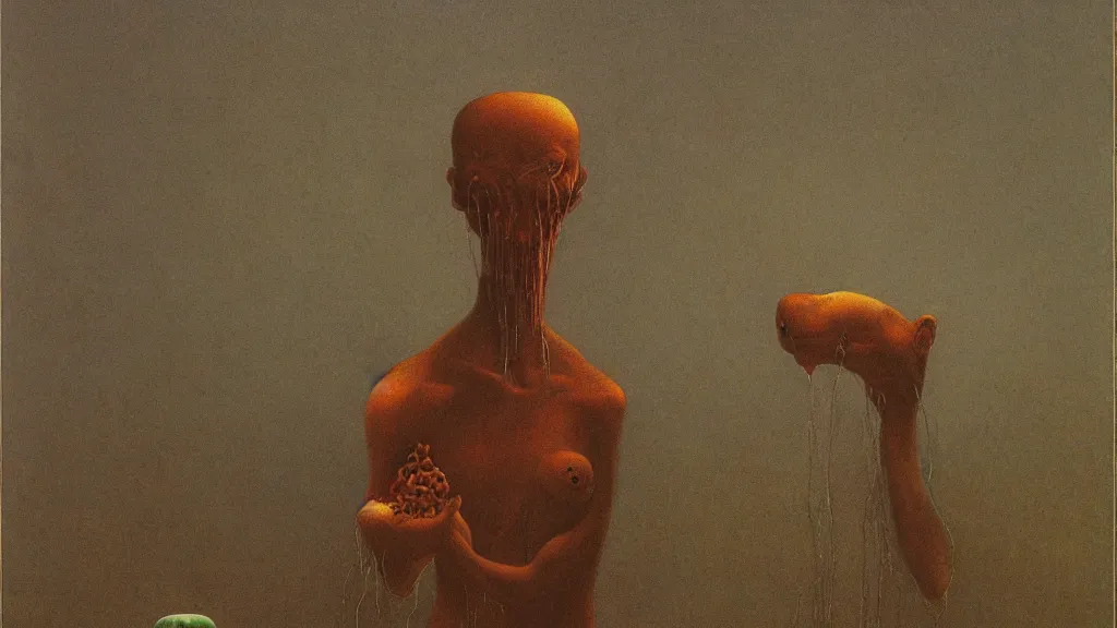 Prompt: it watches me while I eat the forbidden food by Zdzisław Beksiński,