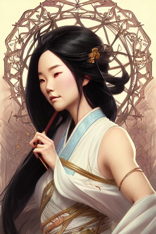 Image similar to Mulan, D&D, fantasy, intricate, elegant, highly detailed, digital painting, artstation, concept art, matte, sharp focus, illustration, art by Artgerm and Greg Rutkowski and Alphonse Mucha