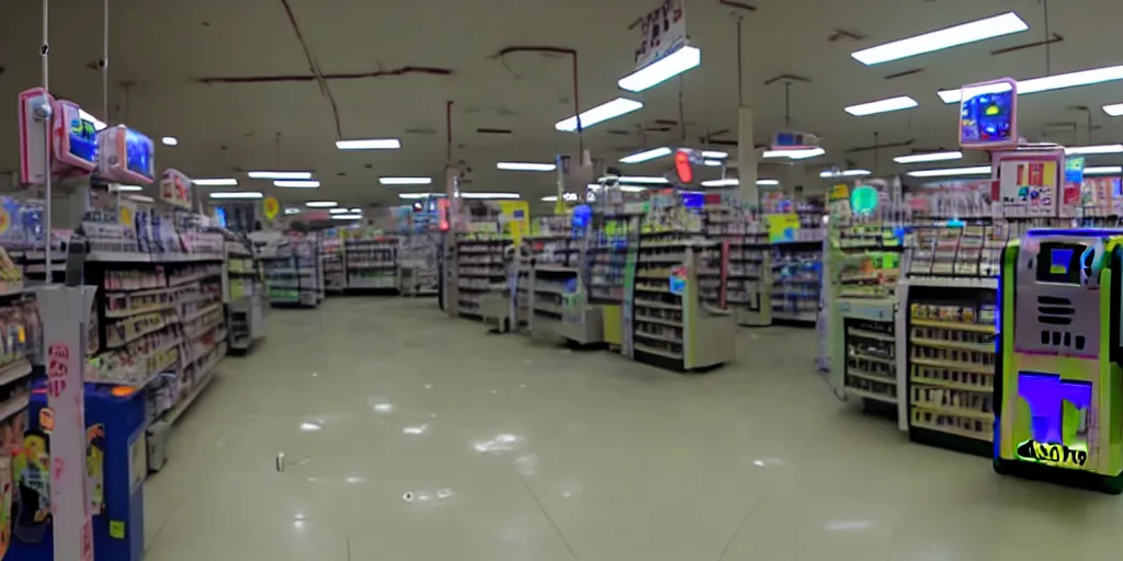 Image similar to abandoned robot android factory in a convenience store, damaged camcorder video