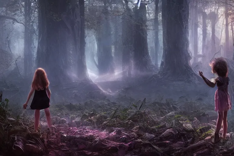 Image similar to the great beyond, sci - fi scene future new york, little girl holding a hand of a big robot, forest punk, crepuscular rays, epic scene, hyper realistic, photo realistic, overgrowth, cinematic atmosphere, ethereal lighting