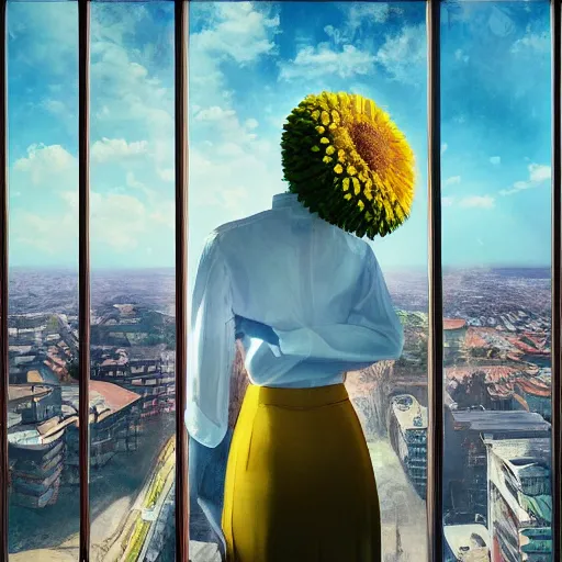 Prompt: huge daisy flower head, woman in a suit, standing in modern window in luxury apartment, surreal photography, sunlight, impressionist painting, digital painting, artstation, simon stalenhag