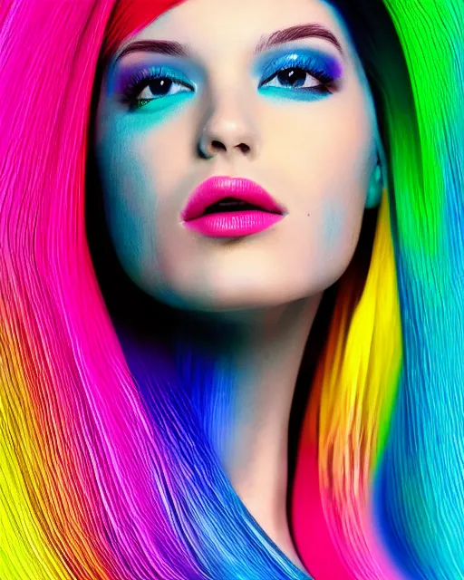 Image similar to dynamic pantene lux hair flip, chic graphic street fashion model, color interference, high fashion photograph portrait, isolated background, WLOP, Alexis Franklin, Felipe Pantone