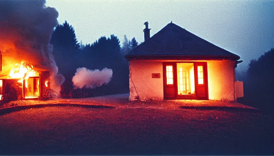 Prompt: 1 9 7 0 s movie still of a heavy burning french style little house in a small northern french village by night in autumn, cinestill 8 0 0 t 3 5 mm, heavy grain, high quality, high detail, dramatic light, anamorphic, flares