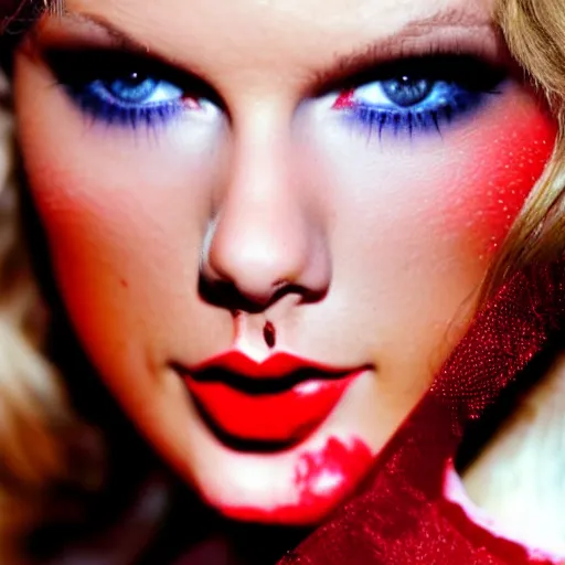 Image similar to Taylor Swift with glowing red eyes, close up, hyper detailed, tight focus