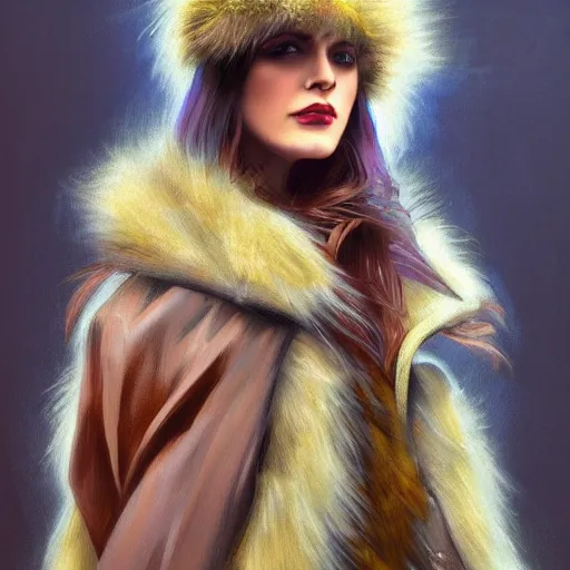 Prompt: ultra realistic painting of a woman in a cyberpunk fur coat trying to cover her head from the cold weather under a hood, while standing in a futuristic fantasy landscape, trending on artstation in the style of alphonse mucha, alberto mielgo, greg rutkovski