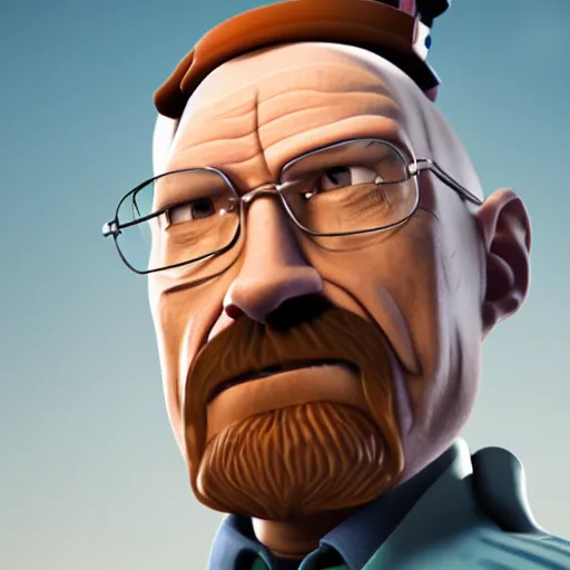 Prompt: Walter White as a character in a Pixar movie, blender render