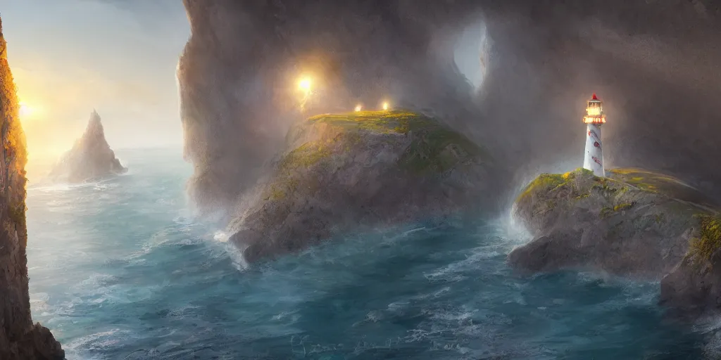 Prompt: a lighthouse in a cavern on the edge of a cliff overlooking the ocean by Jessica Rossier