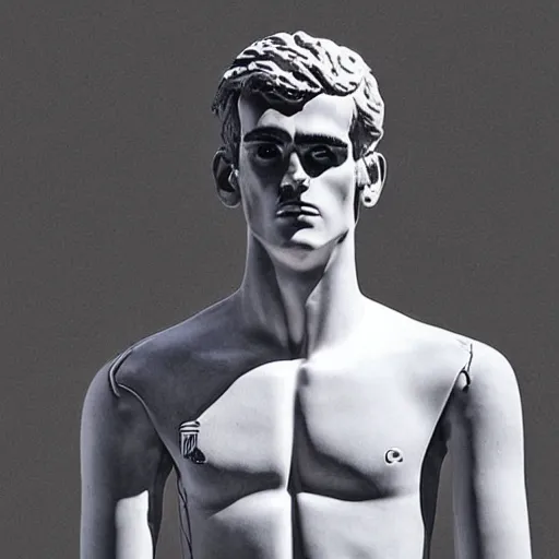 Image similar to “ a realistic detailed photo of a guy who is an attractive humanoid who is half robot and half humanoid, who is a male android, soccer player antoine griezmann, shiny skin, posing like a statue, blank stare, at the museum, on display ”