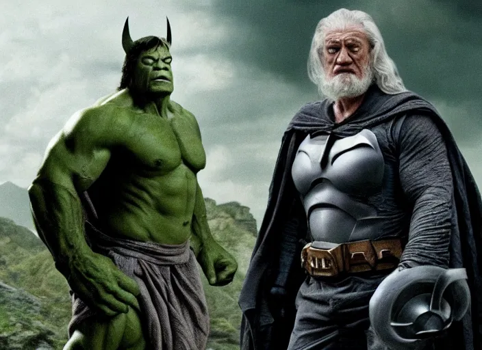 Prompt: the hulk starring as gandalf in lord of the rings, film still in the new batman movie, 4 k