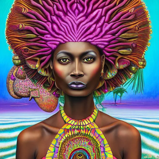 Prompt: a regal and elegant african queen with a colorful afro sitting in a cabana on top of an extremely large steampunk elephant near a pink lake with a large glowing baobab tree, by amanda sage and alex grey and evgeni gordiets in a surreal psychedelic style, oil on canvas 8k, hd
