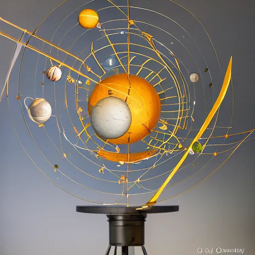 Prompt: a kinetic sculpture of this solar system, sun, orrery, canon 5 d 5 0 mm lens, papier - mache, studio, circa 2 0 4 9