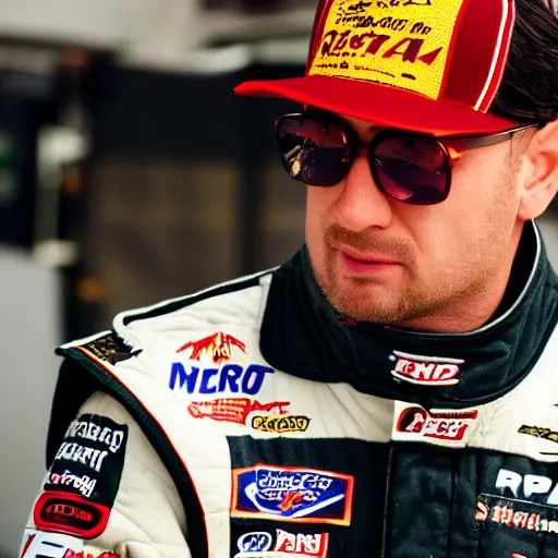 Image similar to portrait photograph of Riff Raff as a NASCAR driver, 4k photo depth of field