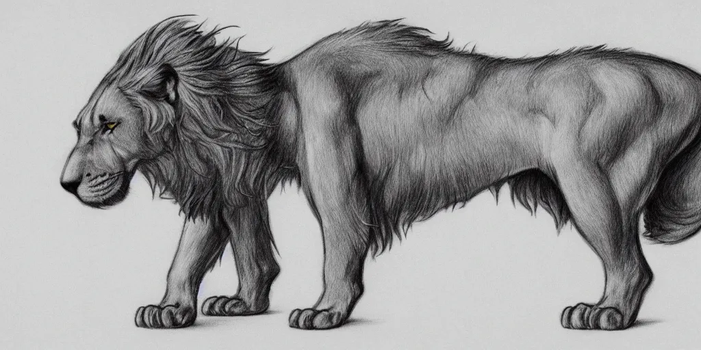 Image similar to full body shot of a large canine with the tail and ears of a lion, pencil drawing, illustration, black and white, artstation