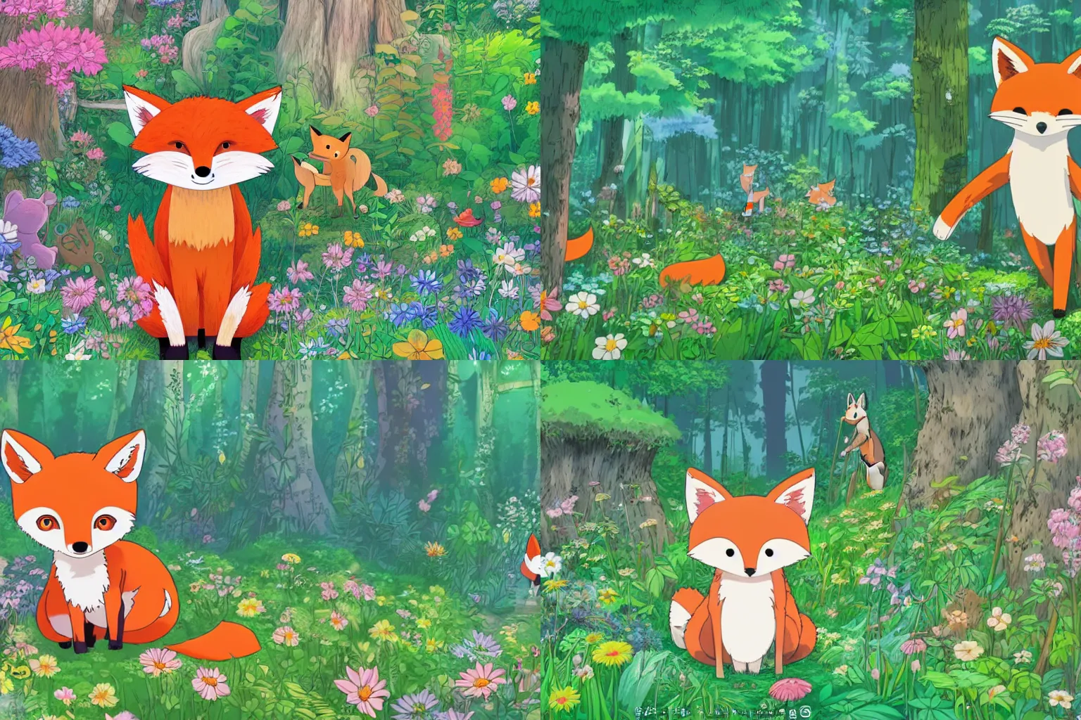 Prompt: a cute lonely fox wandering in a lush forest surrounded by creatures and flowers by studio ghibli, detailed, 4k, vivid, wide angle, cinematic, line art