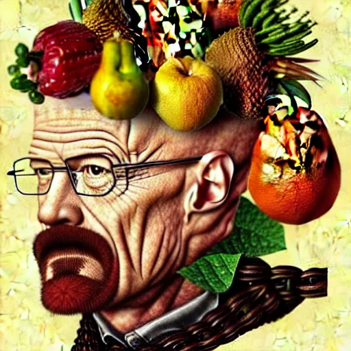 Image similar to walter white in the style of giuseppe arcimboldo, fruits