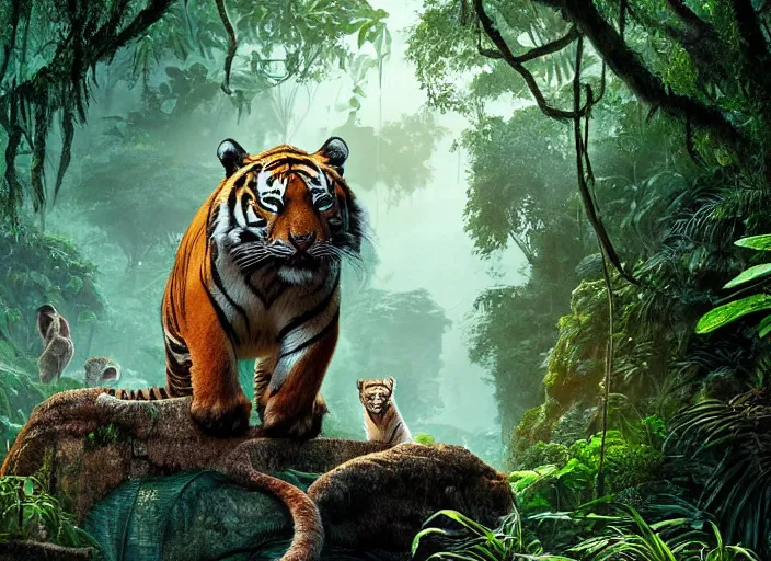 Prompt: a moist and misty jungle, a majestic tiger peeks through the brush, vines swoop in to frame, full color, depth of field, cinematic, digital art in the style of Disney live action the jungle book,