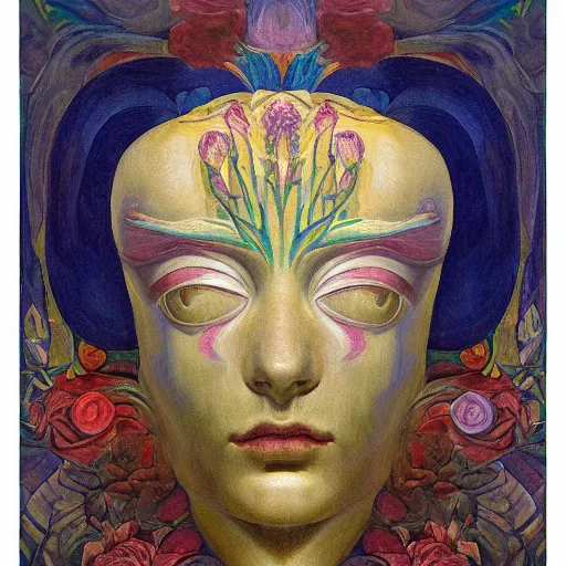 Image similar to masterpiece painting of a facemask made of flowers, by annie swynnerton and jean delville and tino rodriguez and diego rivera, stylized, flower mask, symbolist, dramatic lighting, god rays, elaborate geometric ornament, clean crisp graphics, soft cool colors, smooth sharp focus, extremely detailed