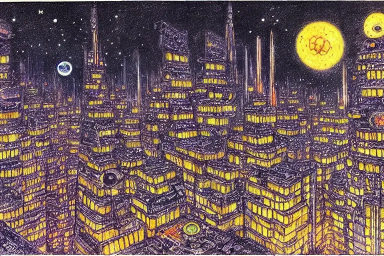 Image similar to a scifi illustration, Night City on Coruscant by Louis Wain (1920)