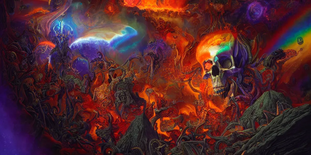 Image similar to gigantic psychedelic demonic cosmic skull of death and fire, outer space, fantasy painting, ultra realistic, dmt, symmetrical, wide angle, intricate details, digital painting, rainbowshift, vivid colors, highly detailed by peter mohrbacher, h. r. giger, maxfield parrish, craig mullins, octane render, cgi