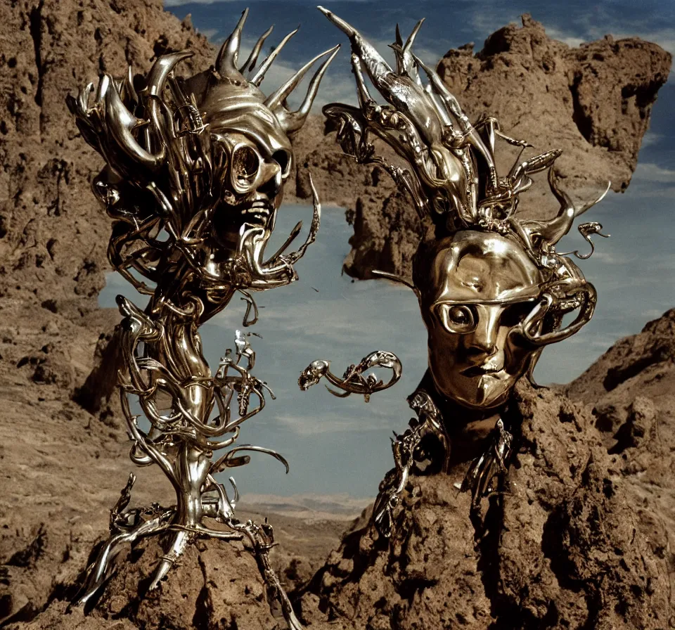 Image similar to portrait of salvador dali wearing a crown and costume with jewels in a dry rocky desert landscape, visible sky and sunny atmosphere, alien spaceship by giger, film still from the movie by alejandro jodorowsky with cinematogrophy of christopher doyle and art direction by hans giger, anamorphic lens, kodakchrome, very detailed photo, 8 k